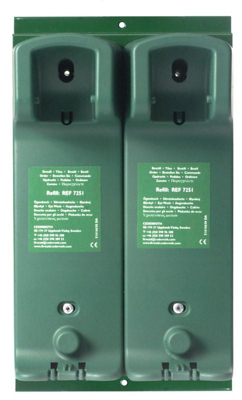 Seinäteline kahdelle 500 ml:n silmänhuuhtelupullolle