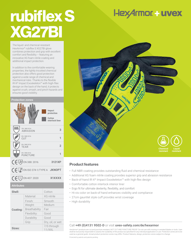Nitriili- kemikaalisuojakäsine Uvex HexArmor® rubiflex S XG27BI , myydään 10kpl nipuissa